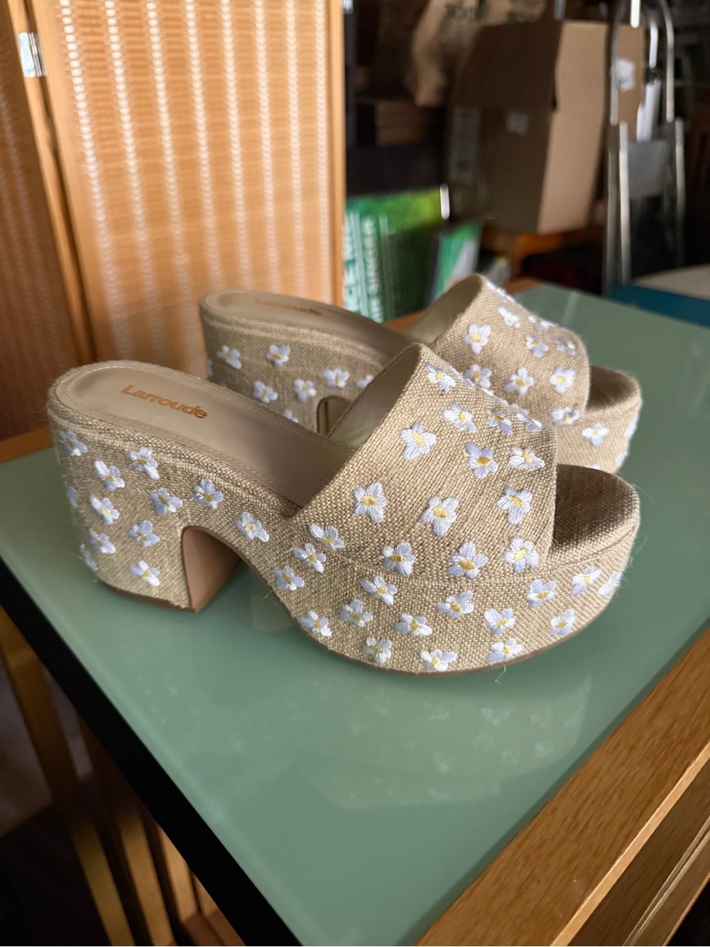 Larroude Beige Platforms with White Floral Embroidery